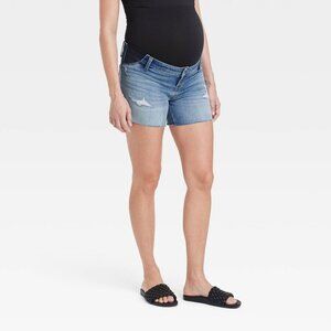 Isabel Maternity Shorts Under Belly Midi Blue Jean Denim Stretch